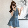 BY28369# 夏季掛脖無袖牛仔洋裝百褶裙短裙服飾批發