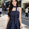BY28245# 韓系掛脖藍色格紋吊帶褶皺收腰設計感上衣配飄帶
