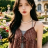 BY28263# 甜美減齡撞色格子疊穿吊帶掛脖繫帶背心兩件套