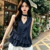 BY28257# 韓系減齡荷葉邊不規則別緻小眾飄帶設計上衣