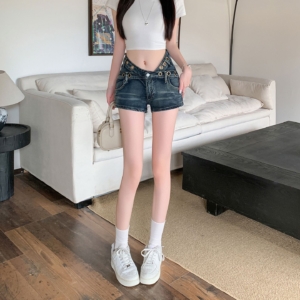BY28236# 低腰露臍復古做舊小眾設計拽酷交叉腰帶牛仔褲