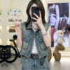 BY27434# 時尚百搭美式復古工裝風口袋牛仔馬甲背心