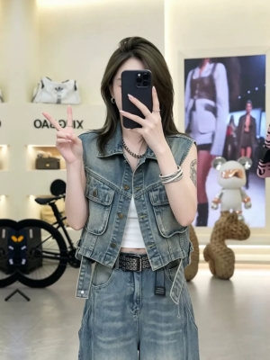 BY27434# 時尚百搭美式復古工裝風口袋牛仔馬甲背心