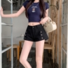 BY28235# 設計感修身顯瘦低腰包臀甜酷辣妹雙排扣熱褲