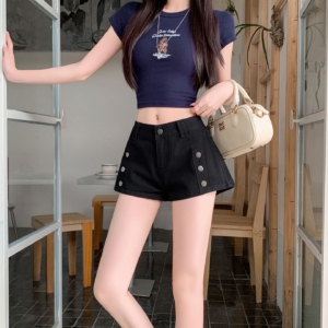 BY28235# 設計感修身顯瘦低腰包臀甜酷辣妹雙排扣熱褲
