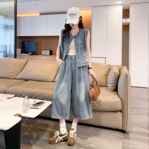 BY28323# 高級感牛仔馬甲七分褲兩件套薄款氣質套裝