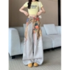 BY23586# 美式復古時髦屁簾印花高腰牛仔寬鬆闊腿褲