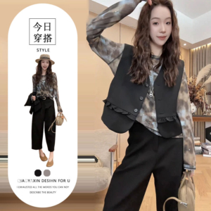 FA56971# 甜美小眾印花打底衫+拼接馬甲+高腰休閒褲三件套