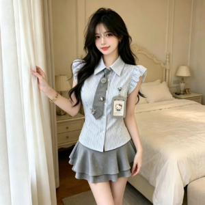 BY23999# 韓系學院風氛圍感甜美小飛袖收腰顯瘦襯衫