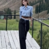 BY29505# 韓版時尚高級感條紋翻領腰帶襯衫+鬆緊腰拼接闊腿褲套裝