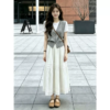 BY30019# 韓系鬆弛感灰白假兩件上衣+白色大擺長裙仙氣兩件套套裝