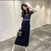 BY29437# 韓系通勤風條紋針織衫+高腰垂感藏青色中長半身裙兩件套