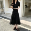 BY23931# 洋氣小個子網紗拼接時尚百搭高腰顯瘦A字長裙