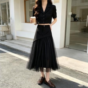 BY23931# 洋氣小個子網紗拼接時尚百搭高腰顯瘦A字長裙