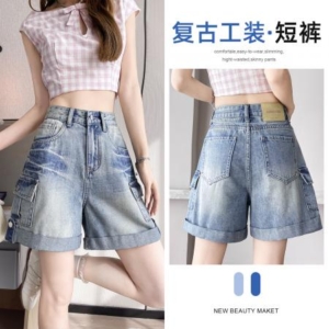 BY23952# 多口袋捲邊設計感寬鬆顯瘦A字工裝牛仔熱褲