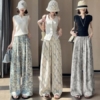 BY23987# 寬鬆垂墜感亞麻顯瘦冰絲復古棉麻印花闊腿休閒褲