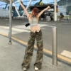 FA56981# 復古低腰翻邊工裝迷彩闊腿褲