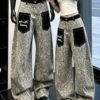 FA56992# 美式豹紋高腰顯瘦直筒寬褲