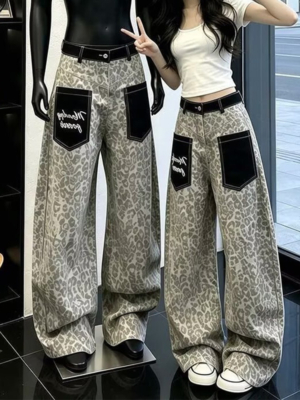 FA56992# 美式豹紋高腰顯瘦直筒寬褲