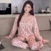 BY31898# 條紋蝴蝶結蕾絲蕾絲仿真絲家居服套裝