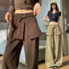 BY31402# 復古假兩件拼接屁簾闊腿休閒褲
