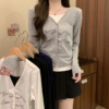 BY31427# 韓版氣質顯瘦慵懶風收腰假兩件印花長袖T卹