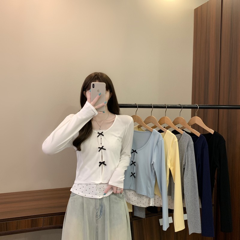 BY31426# 韓版波點蝴蝶結U領短款假兩件上衣