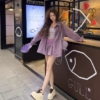 BY29760# 韓版時尚氣質休閒紫色格紋襯衫+短裙二件套 套裝