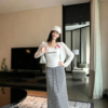 BY31513# 針織開衫+Kitty貓帶胸墊吊帶+條紋抽繩直筒彈長裙三件套