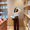 BY31925# 復古後背鏤空上衣+掛脖蕾絲拼接吊帶+直筒長褲三件套套裝