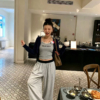 BY31505# 針織開衫+Kitty貓咪搭配胸墊吊帶背心+拼接條紋直筒休閒褲三件套