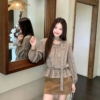 BY31503# 韓系溫柔收腰格紋上衣配飄帶