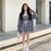 BY31668# 韓系格子防曬襯衫+內搭背心+高腰短裙三件套套裝