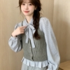BY31870# 韓系優雅蝴蝶結繫帶襯衫兩件套上衣