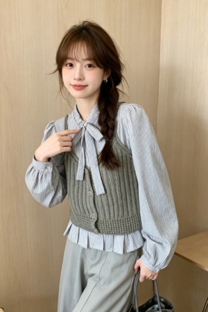 BY31870# 韓系優雅蝴蝶結繫帶襯衫兩件套上衣