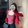 BY31901# 韓系撞色細條紋吊帶背心+開衫兩件套