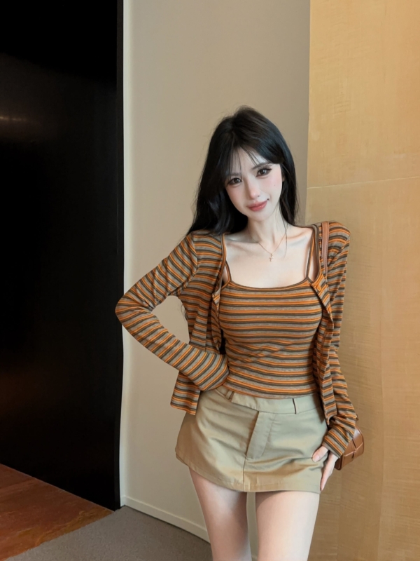 BY31840# 條紋外套+打底吊帶衫配胸墊兩件套套裝